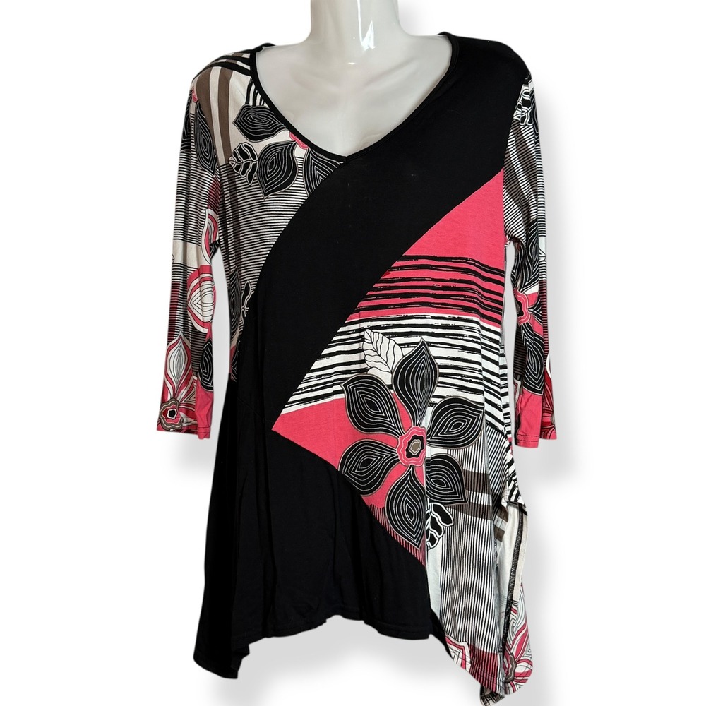 Lior Paris Womens Tunic Top Pink‎ Black Floral Abstract Funky Hem S Whimsygoth